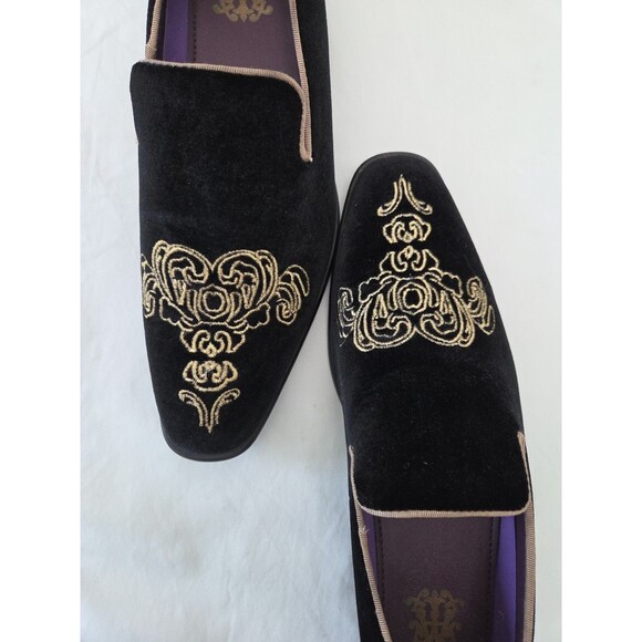 After Midnight Emperor Velvet Loafers Mens Size 9 Black Gold Embroidered Smoking